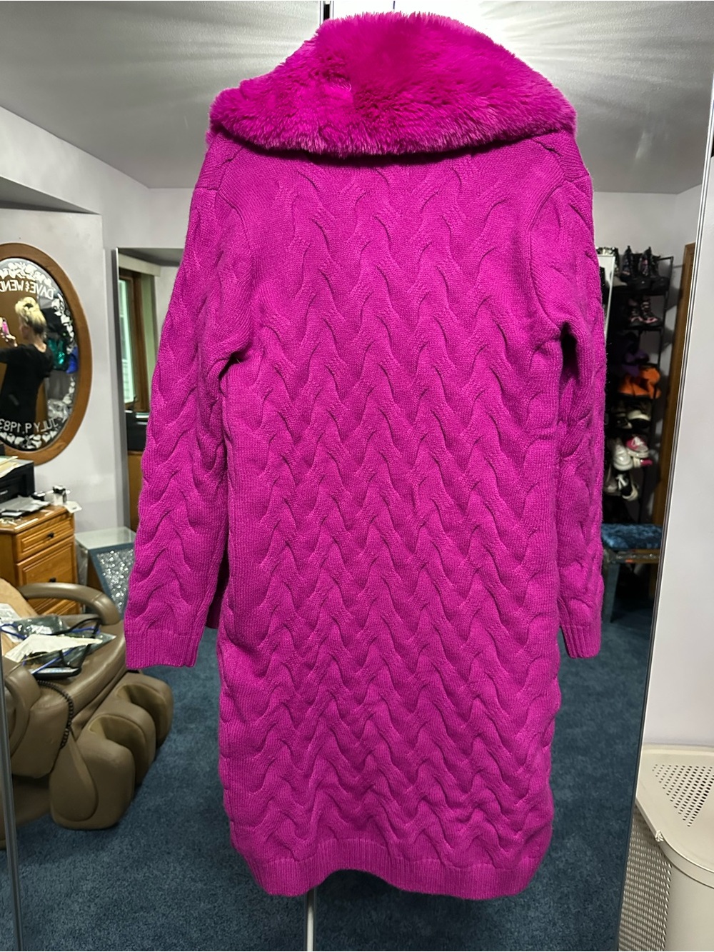 AKIRA Bold Fuchsia faux fur Knit Cardigan with Plush Trim - Picture 8 of 13